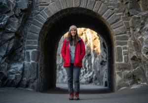 Kobieta ubrana na wycieczkę stoi przy wejściu do kopalni soli w Wieliczce na tle formacji solnych